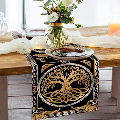 Viking Tree of Life Pagan Dining Table Runner, Vintage Black Gold Raven Birds Celtic Style Nordic Medieval Burlap Kitchen Decoration, Retro Indoor Outdoor Home Decor Party Supply 13 x 72 Inches - color: Viking Tree, size: Table Runner 13''X72''