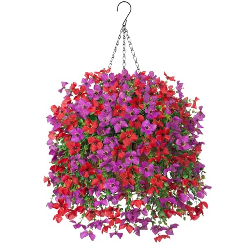 INXUGAO Artificial Hanging Flowers Plants with Basket for Outdoors, Realistic Faux Silk Daisy Flower Eucalyptus for Spring Decor, UV Resistant Fake Plants for Porch Patio Yard Balcony, Red Purple - color: A-purple Red