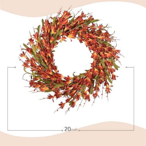 22inch Artificial Forsythia Flower Wreath Spring Summer Fall Wreath Silk Leaves Decoration for Front Door Porch Farmhouse Patio Garden Home Decor (Orange) - color: Orange