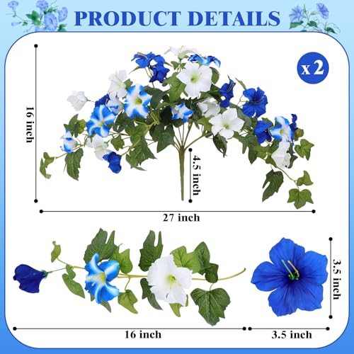 Artificial Flowers for Outdoors, 2 PCS Blue Faux Morning Glory UV Resistant Silk Flowers for Outdoor Planters Garden Balcony Porch Decor Realistic Fake Flowers for Spring Decoration - color: Blue, size: 2 Bundles
