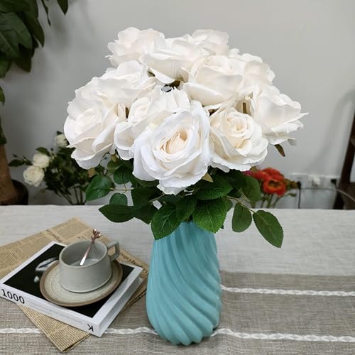 ATFL Fake Ivory Roses Artificial Flowers Bulk,Floral Diameter 4'',20 Pcs Artificial Silk Roses Flowers with Stems for Wedding Arrangement Centerpieces Party Home Table Decorations (20, Ivory) - color: Ivory