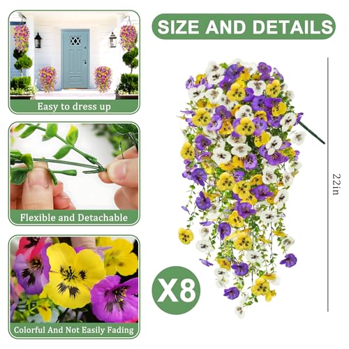 8PCS Faux Hanging Pansy Flowers for Outdoors,UV-Resistant Artificial Plants for Porch, Patio, Garden, Window Boxes, Spring & Summer Decor (Yellow Purple White) - color: Yellow Purple White