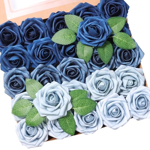 25pcs Artificial Flower，Real Looking Foam Roses w/Stem for DIY Wedding Bouquets Centerpieces Bridal Shower Party Decor-Shades of Navy Blue - color: Shades of Navy Blue