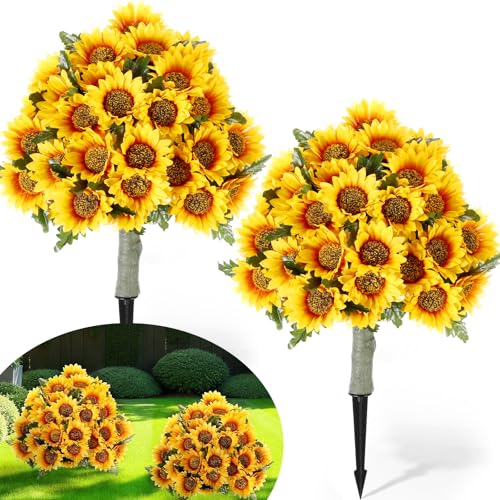 Lunmon 2 Pack Artificial Sunflower Topiary Trees for Outdoors with Ground Spikes, 24 Inch UV Resistant Faux Sunflower Ball Plants for Front Door Porch Patio Garden Yard Decor - color: Yellow, style: Sunflower