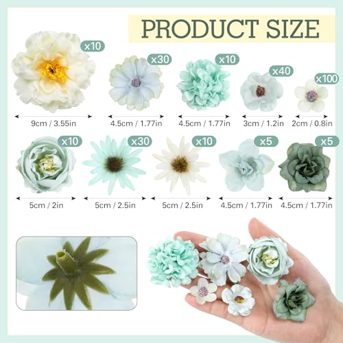 Thiccywoov 250 Pcs Artificial Flowers Heads Bulk Mini Silk Mix Flowers Fake Peony Daisy Rose Multicolor for Blossom Wreath Bouquets Wedding Home Decorations Party Craft Garland DIY(Green) - color: Green