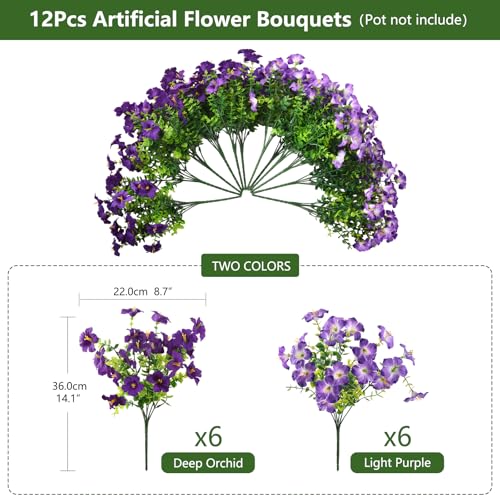 INQCMY Artificial Fake Flowers for Outdoors Decoration,12 Bundles Silk Colorful Morning Glory with Eucalyptus UV Resistant Look Real Faux Flowers for Planter Door Garden Porch Patio Balcony Yard - color: Dh Double Purple