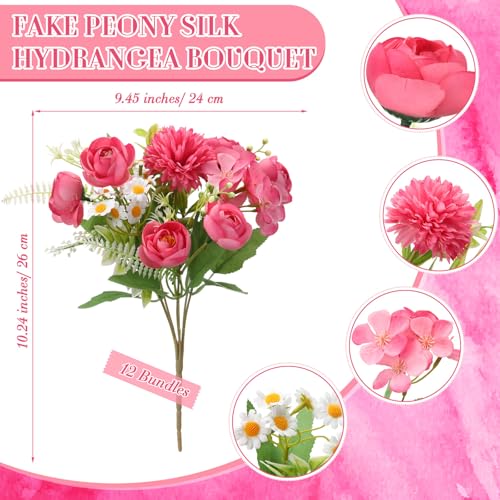 Tigeen Peonies Artificial Flowers Faux Roses Silk Flowers Hydrangea Artificial Bouquet for Wedding Table Centerpiece Floral Vase Home Office Bridal Decor(Rose Pink,12 Bundles) - color: Rose Pink
