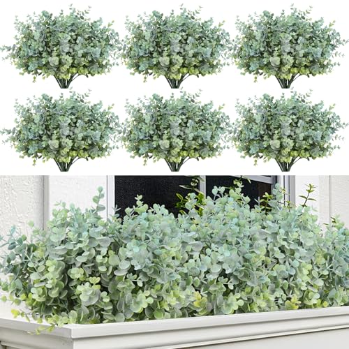 RECUTMS 20Pcs 13Inch Artificial Eucalyptus Plant Faux Boxwood Shrubs Stems Fake Bush Leave Greenery for Wedding Bridal Bouquet Summer Farmhouse Vase Planter Window Box Indoor Outdoor Decor(Dusty Blue) - color: Dusty Blue, size: 20 Pcs