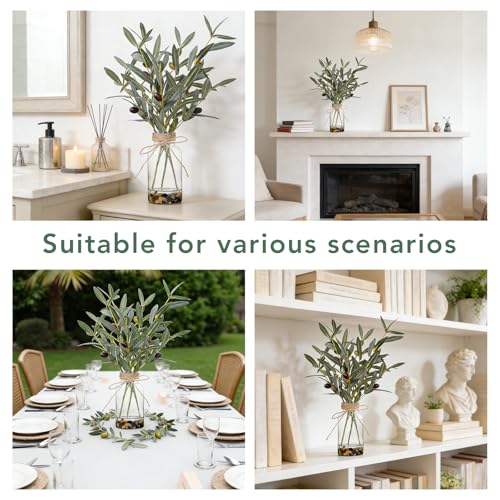 15.74” Artificial Olive Branches in Glass Vase with Faux Water & Natural Stones, Lifelike Fake Greenery for Modern Farmhouse Home Decor, Bathroom decor, Office Desk Centerpiece, Housewarming Gift - color: Sl-0977