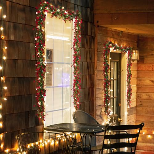 RECUTMS Artificial Leaves Garland with Flowers Fake Vines with Lights Spring Mantel Garland Fake Greenery Vines 5.8 Ft Lit Vine for Mantle for Wall Wedding Party Table Home Bedroom Decor(Red) - color: Red With Lights