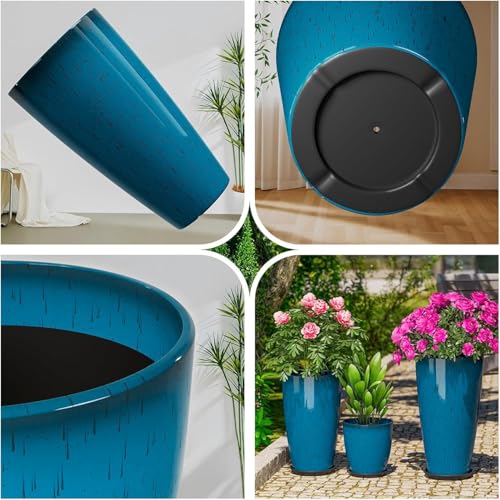 QCQHDU 24,21,11 inch Large Planters with Drainage Hole & Saucer, Set of 3 Plant Pots Tall Planter for Indoor & Outdoor Plants Home Modern Decor - color: Blue, size: 24,21,11 inch