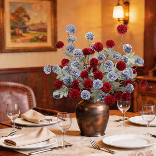 INQCMY Artificial Flowers 12 Pcs Fake Chrysanthemums Faux Kiku Flower Long Stem 20" Realistic Silk Pompon Mums for Vase Wedding Bouquets Centerpieces Home Decor (Red Haze Blue) - color: Red Haze Blue