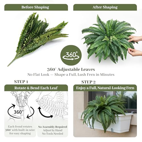 KOL Artificial Boston Ferns, Fake Faux Fern Plants 45 Inch 2 Pack, Green Large Fern with Bendable Stems for Floor Display, Indoor Outdoor UV Resistant Home Decor - color: Green