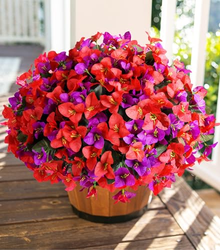 Artificial Faux Flowers for Outdoors Spring Summer Outside Decor, 4 Bundles Fake Silk Bougainvillea UV Resistant Look Real Faux Plants for Planter Patio Porch Window Garden Home Decoration, RedPurple - color: Redpurple