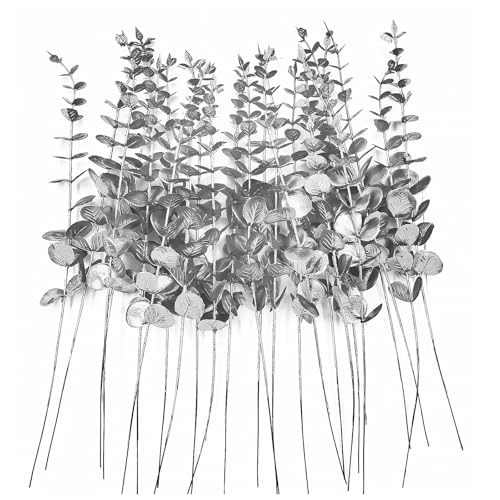 ABAJI 24 PCS Eucalyptus Stems Plastic Vivid Leaf Decorations Artificial Leaves Fake Faux Greenery Plant for Home Office House Table Desk Decor Wedding or Party Vase Forever Live - color: Silvery