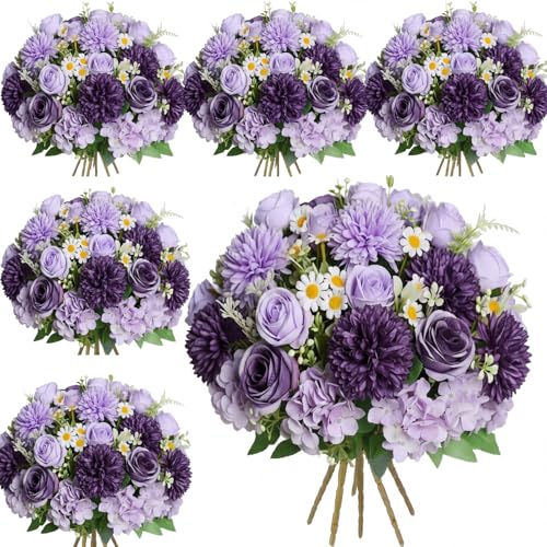 Tigeen 6 Pcs Bundles Artificial Bouquet Flowers Artificial Peonies Faux Roses Hydrangea Flowers Bouquet for Wedding Table Centerpiece Floral Vase Decor (Light Purple,Dark Purple) - color: Light Purple, Dark Purple