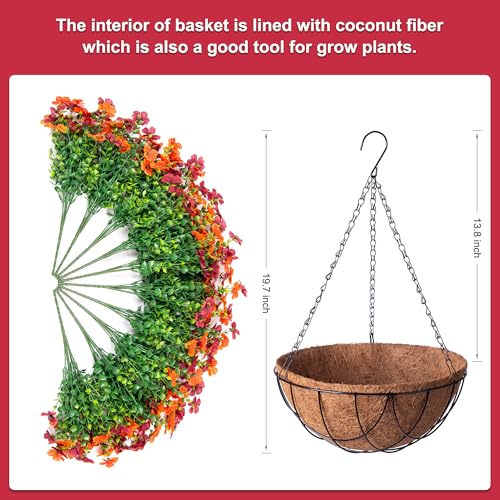 INXUGAO Artificial Silk Flowers Hanging Baskets for Outdoors Indoors, Daisy with Eucalyptus Leaves Arrangement for Garden Yard Decor, Faux Green Plant in Metal Coconut Lining Flowerpot(Orange Brown) - color: Orange Brown