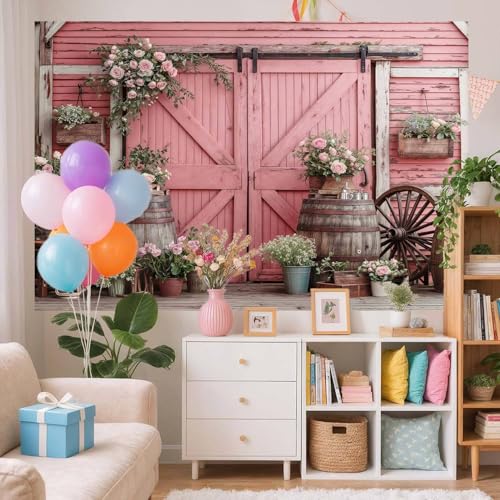 5x3ft Country Wedding Pink Photography Backdrop Rustic Wooden Barn Door Photography Backdrop Farmhouse Flower Western Girl Birthday Baby Shower Wedding Bridal Party Banner Photo Booth Props Background - color: Multi7, size: 5X3FT