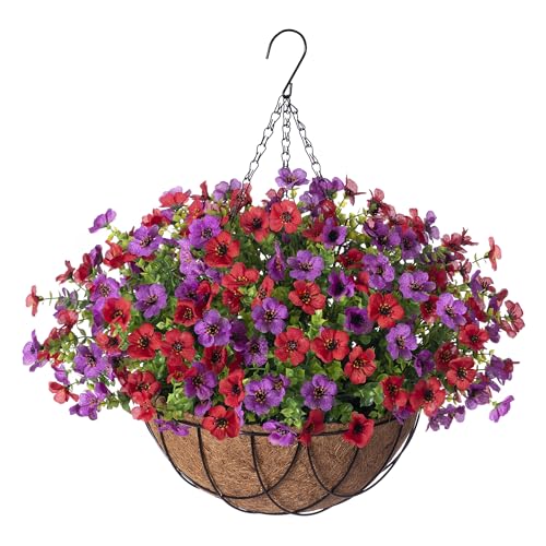 Artificial Silk Flowers Hanging Basket for Outdoor Indoor, Daisy with Eucalyptus Leaves Arrangement for Garden Yard Spring Summer Decor, Faux Green Plant in Metal Coconut Lining Pot(Red Purple) - color: Reddish Purple