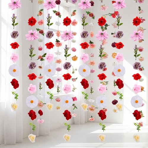 6 Pcs 35.4 Inch Artificial Hot Pink Flower Garlands with 3 Pcs 10 Ft Wedding Tulle Table Runner Wildflower Vines Floral Table Runner Garlands for Wedding Bridal Shower Spring Tea Party - style: Blooming Flower
