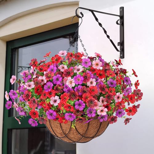 INXUGAO Artificial Silk Flowers Hanging Baskets Outdoors Indoors, Fake Daisy with Eucalyptus Leaves Arrangement for Garden Yard Spring Summer Decor Faux Green Plant(Red Brown Purple Pink) - color: Red Brown & Purple & Pink