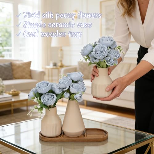 Flower Table Centerpiece - Dining Table Centerpiece Decor Set of 3 Fake Peonies in Ceramic Vases & Wood Tray Modern for Kitchen Island Living Room Coffee Table Home Decor (Blue) - color: Blue