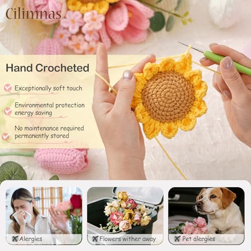Crochet Flower Bouquet,Pink Knitted Flowers, Handmade Sunflowers Tulips Roses Bouquet for Birthday Anniversary Party Mother's Day Graduation Gifts - color: Pink