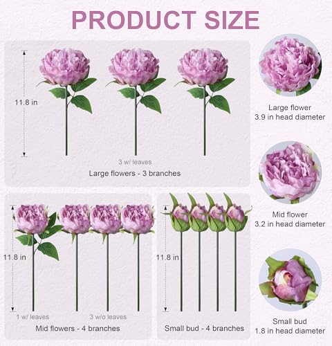 florisso Purple Peony Artificial Flowers - 11 Branches Faux Peonies for Home Decoration, Wedding Centerpieces & Party Decor (Silk Artificial Flowers) - color: Peony-purple
