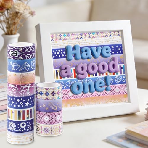 12 Rolls Galaxy Washi Tape Set Purple Stars Decorative Tapes Silver Gold Foil Masking Tape for Scrapbook Bullet Journal Planner DIY Art Craft Party Decor Gifts Wrapping - color: U