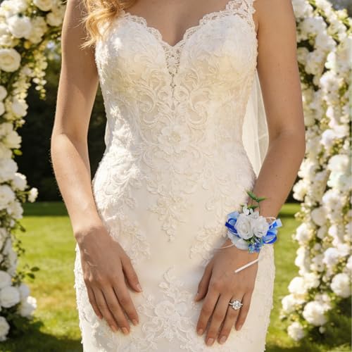 6Pcs White and Blue Artificial Rose Wrist Corsages for Wedding Prom | Faux White Roses Accented with Blue Details, Perfect for Prom, Weddings, Bridesmaids, Anniversary Formal Party and Homecoming - color: Blue1# Wrist Corsage (6 Piece)