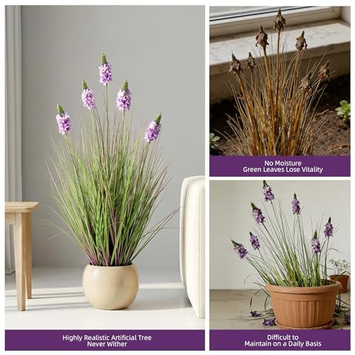 Artificial Plants Indoor Tall Grass Plants with Lilac Flower 35.4In Tall Artificial Ornamental Grass Green Onions Outdoor Fake Plants with Black Pot Home Office Decorative (1 Pack,Purple) - color: 0.9m Purple1