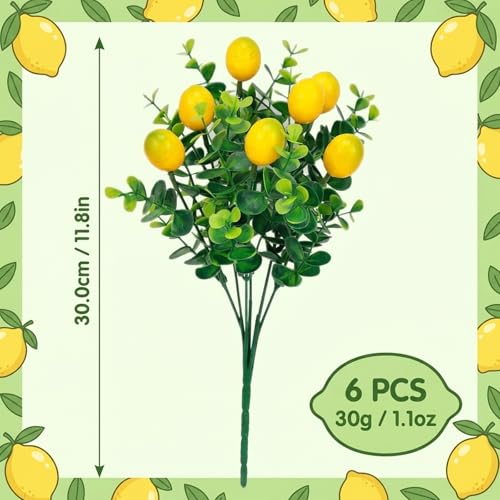 6Pcs Artificial Lemons, Faux Branches, Artificial Lemon Branches, Perfect for Home, Kitchen Table, Wedding Arrangements, Outdoor Courtyard and Office Desk Decoration