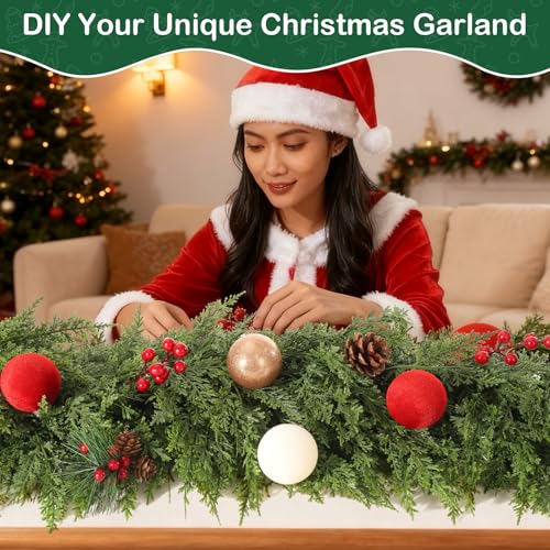 Cedar Garland 6ft Christmas Garland Real Touch Garland Artificial Realistic Greenery Cypress Pine Garlands for Mantle, Fireplace, Stairs,Table, Doorframe Vintage Outdoor Indoor Christmas Decorations