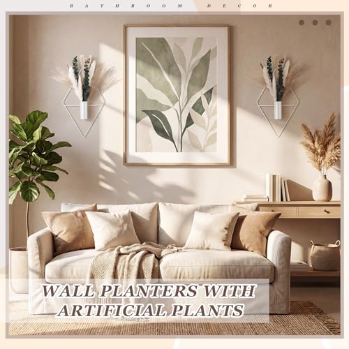 Canlierr 4 Pcs White Wall Decor Hanging Planters with Artificial Plants Eucalyptus Pampas Grass Metal Hanging Vase Indoor Plants Holder Modern Boho Wall Art for Bathroom Bedroom Living Room Decor - color: White, size: Pampas Grass, Eucalyptus