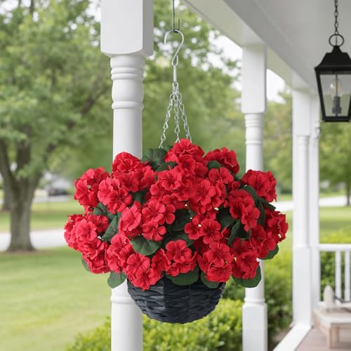 GLIDLION 2 Set Artificial Geraniums Flowers with Hanging Baskets for Outdoors - Sun Resistant Silk with Geranium Flowers, Fake Hanging Planters for Front Porch Garden Patio Home Decor (Red) - color: Red