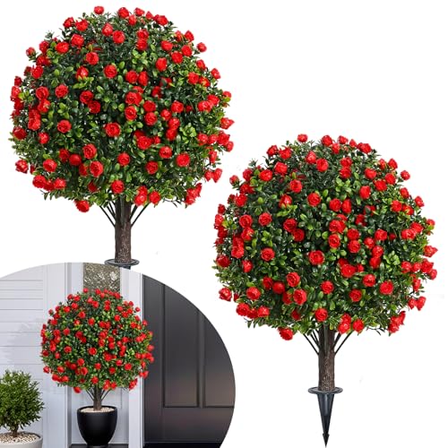 Artificial Topiary Ball Trees with Rose, 2 Pack Artificial Shrubs Bushes with Ground Spike, Fake Plants for Outdoor Front Porch Decor UV Resistant - color: 2 Pack 23" Red Rose