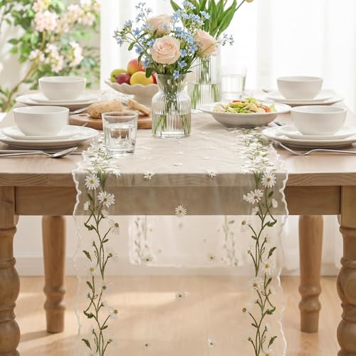 Artoid Mode Daisy Floral Beige Apricot Shaped Gauze Embroidery Table Runner 120 Inch 10FT, Tulle Spring Summer Kitchen Dining Table Decor for Home Party - color: Beige Apricot