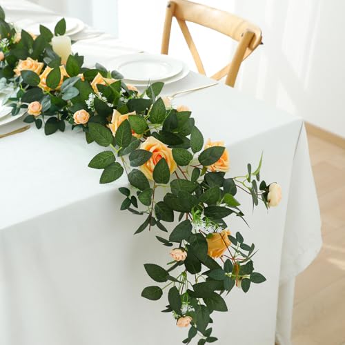 2 Pack 11.2 Ft Artificial Flower Garland with Champagne Roses, Realistic Fake Greenery Vines with 17 Roses Flowers for Wedding Table Centerpieces Arch Party Ceremony Backdrop Decor (Champagne) - color: Champagne