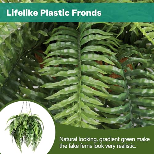 2 Set Fake Ferns with Hanging Baskets, Realistic Fake Hanging Plants, UV Resistant Artificial Ferns Outdoor Faux Plants for Front Porch Patio Garden Home Décor, No Assembly Required
