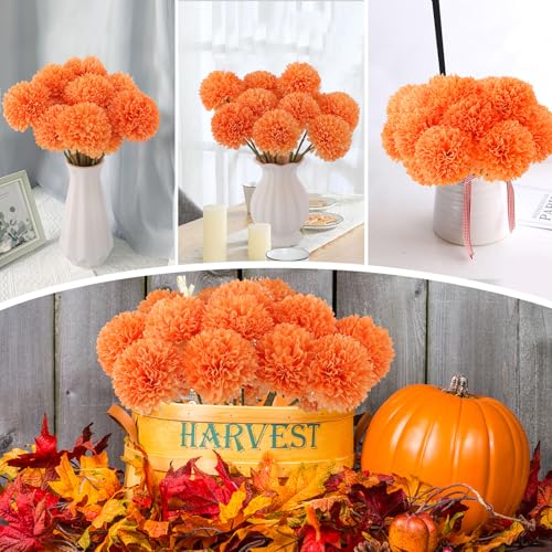 Rowfad 12 Pcs Artificial Chrysanthemums Fall Flowers Silk Orange Marigolds Flowers Fake Mums Flower for Autumn Dia de Los Muertos Diwali Day of The Dead Home Decor (12, Orange) - color: Orange