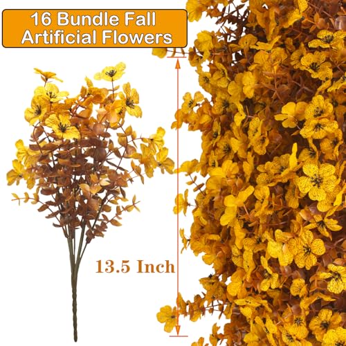 Grunyia 16 Bundles Artificial Fall Mums Outdoor UV Resistant, Fake Silk Plants No Fade Faux Greenery for Garden Porch Patio - Autumn Thanksgiving Christmas Home Decor (Fall Yellow) - color: Fall Yellow