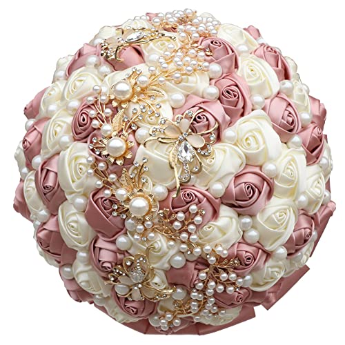 Sharebeauty 8.3 Inch Handmade Satin Rose Bridal Bouquet Toss Round Wedding Bouquet Throw Toss Artificial Flower Bunch Pastel Pink + Ivory - color: W322g50 Pastel Pink/Ivory, size: 8.3 inches / 21 cm