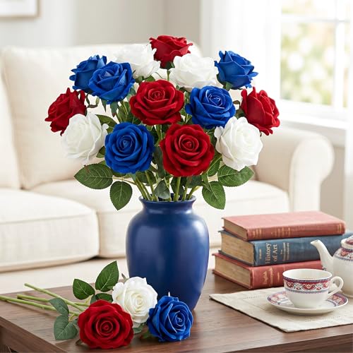 Auihiay 14PCS Red White Blue Artificial Roses, Patriotic Velvet Silk Fake Roses Flowers with Long Stem for 4th of July Independence Day Home & Memorial Day Decorations - color: Red White Blue