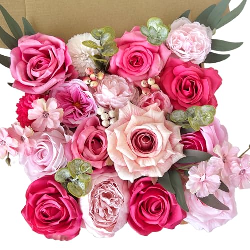 Fuschia Silk Artificial Flowers Combo Box Set Hot Pink Roses Flowers Dahlia DIY Bridal Wedding Bouquets Cake Fake Floral with Stems Arrangements Baby Shower Party Table Centerpieces Home Decor - color: Hot Pink, Fuchsia