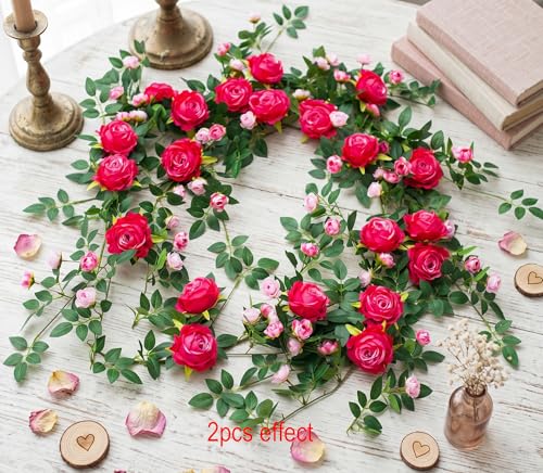 2 PCS 12FT Bendable Flower Garland, Artificial Rose Vine Hanging Floral Garland Decoration for Weding Home Room Wall Decor (Fushia, 2pcs) - color: Fushia, size: 2pcs