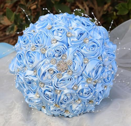 Ujicde Romantic Wedding Bouquet Bridal Bridesmaid Round Bling Brooch Bouquet Throw Toss Artificial Rose Flower Bunch with Sparkle Rhinestone Crystal Decoration(Light Blue,Dia. 6.3"*16cm) - color: Light Blue, size: Dia. 6.3"*16cm