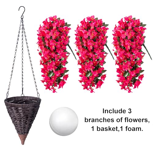 INSPRING Artificial Bougainvillea Faux Flowers Plants Baskets for Outdoor Outside Decoration, 3PCS Fake Silk Flowers Long Trailing Vines UV Resistant Realistic for Front Door Porch Patio (Hotpink) - color: Hotpink