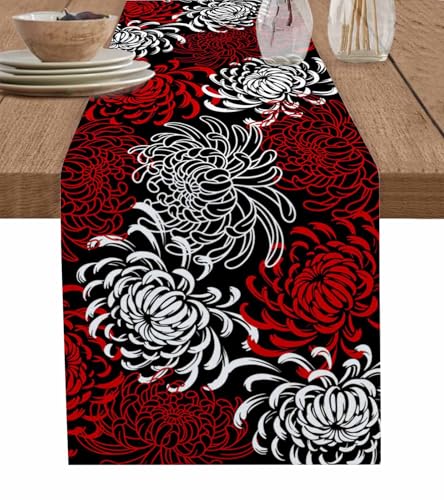 Floral Table Runner-Red Black White Cotton linen-Long 90 inche Dresser Scarves,Flower Tablerunner for Kitchen Coffee/Dining Table Bedroom Home Living Room,Scarf Decor for Summer Spring Holiday Dinner - color: Texturezld1111, size: 13x90 Inch