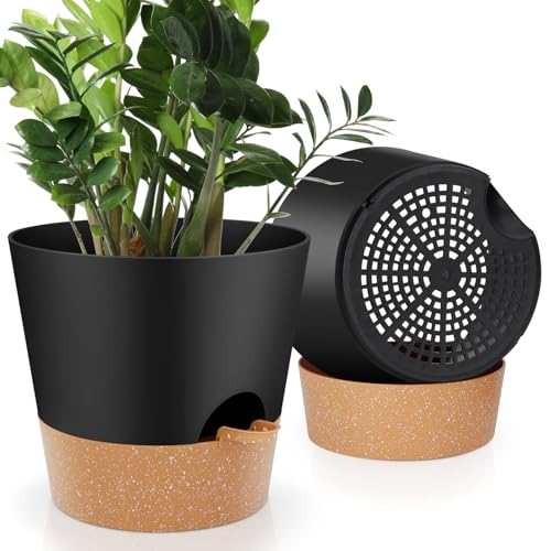 YNNICO 10-Inch Plant Pots, Self-Watering Planters with Drainage Holes & Saucers for Indoor and Outdoor Plants (2-Pack, Black) - color: Black, size: 10 inch
