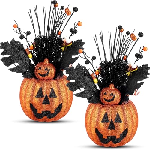 Giegxin 2 Pack Halloween Table Centerpieces Decorations 14'' x 10'' Artificial Flowers Pumpkin with Berries Jack O Lantern Tabletop for Home Kitchen Indoor Outdoor Haunted Party Holiday - style: Orange Pumpkin